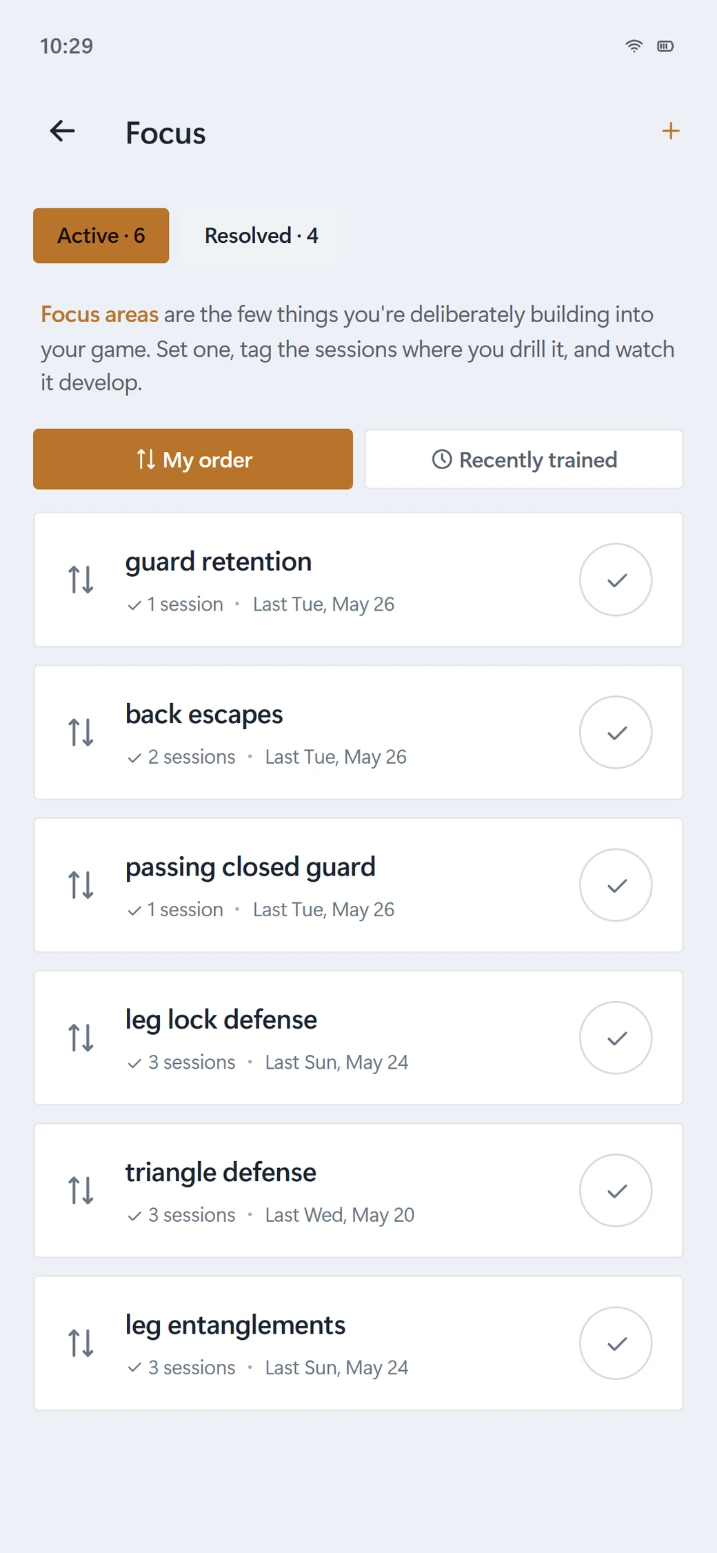 Sweep Focus areas: the few things you are deliberately building, like guard retention and back escapes, each tracked across the sessions you drill it