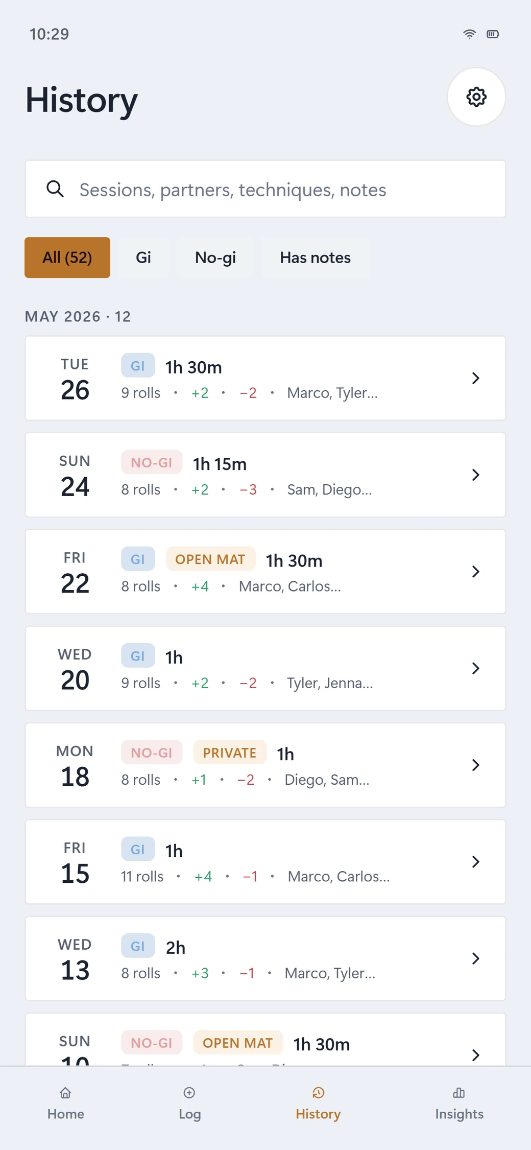 Sweep History: every session searchable and filterable by gi, no-gi or notes, each row showing rolls, scoreline and partners