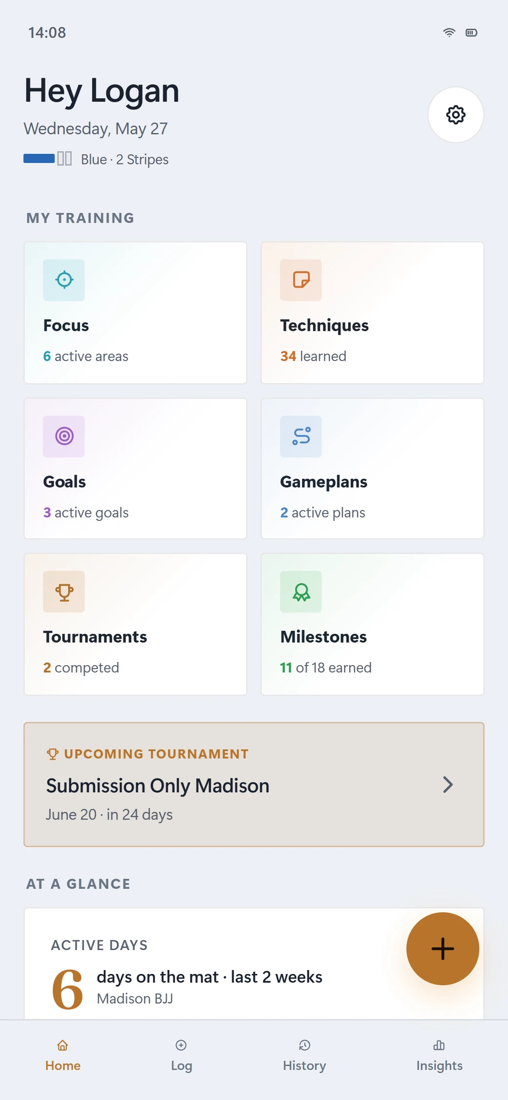 Sweep home screen: a personal greeting with belt and stripes, and the My Training panel with Focus, Techniques, Goals, Gameplans, Tournaments and Milestones