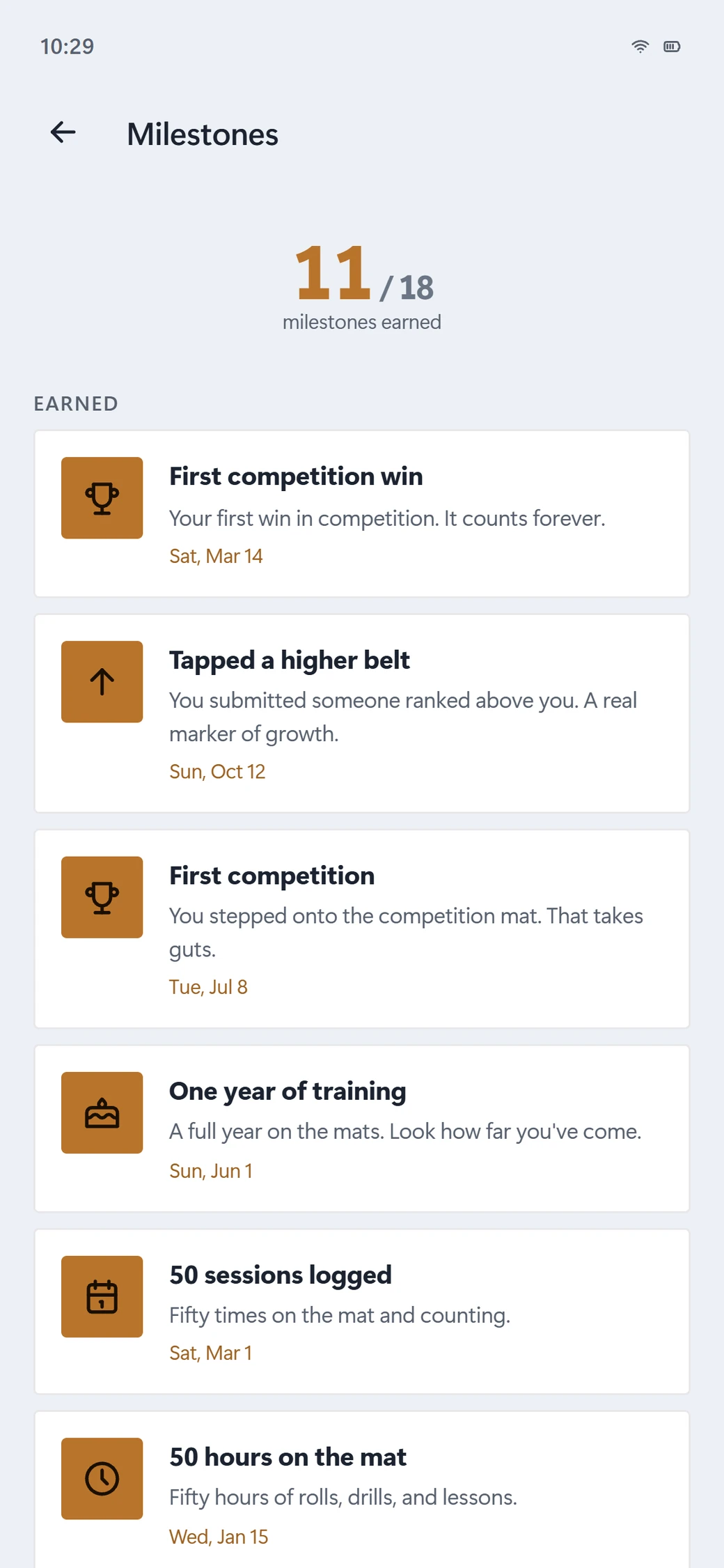 Sweep Milestones: earned achievements like first competition win, tapping a higher belt, one year of training, 50 sessions and 50 hours on the mat