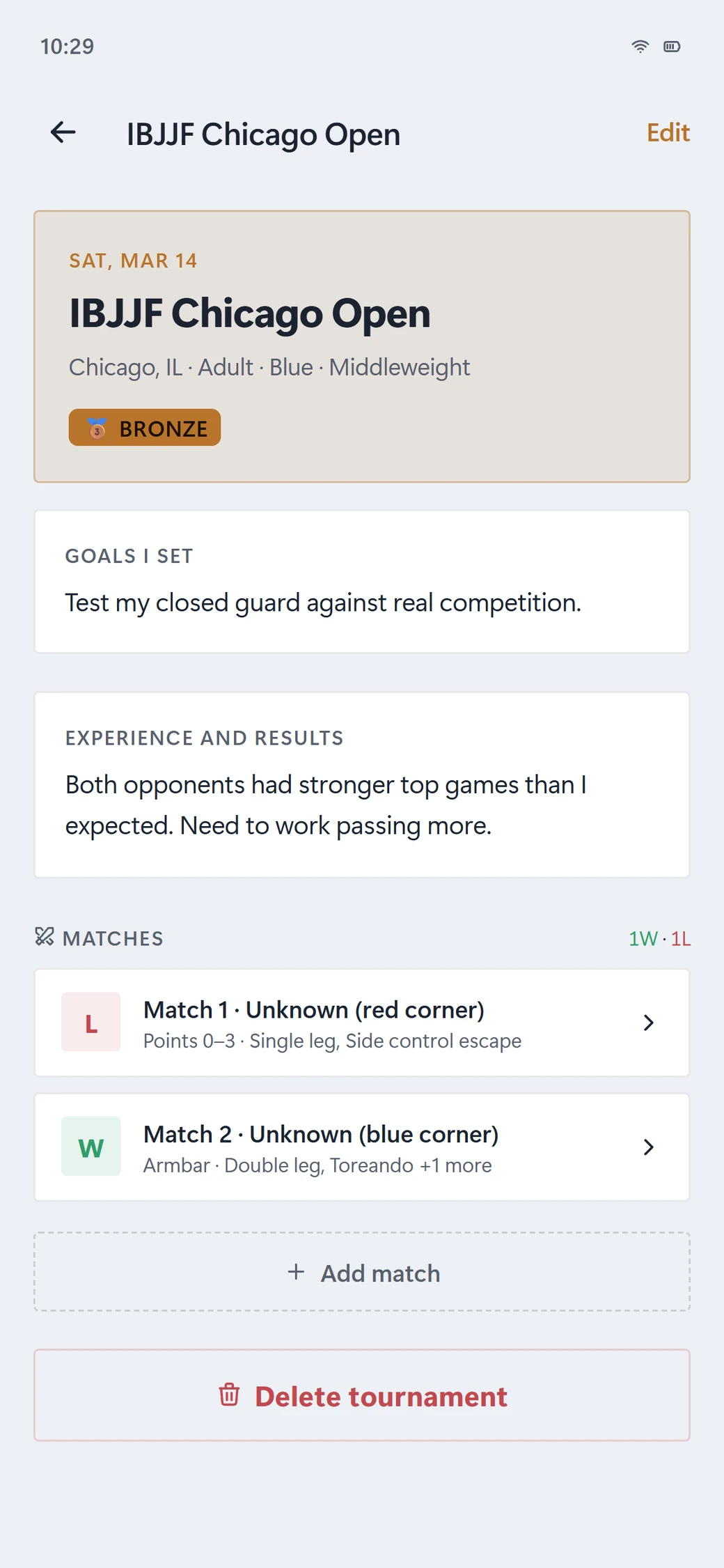 Sweep competition prep and result: division, goals, a written reflection, and a match-by-match log with how each match was won or lost